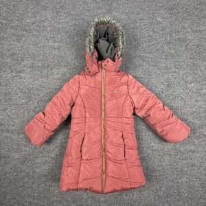 Calvin Klein Jeans Puffer Jacket Girls 4T Pink Long Hooded Faux Fur Lined Coat